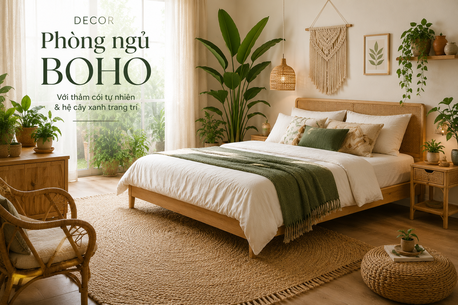 Decor Phòng Ngủ Boho Với Thảm Cói Và Cây Trang Trí